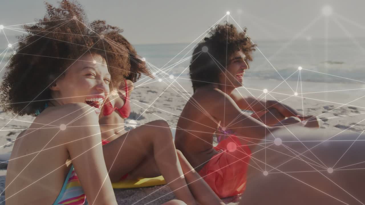 Beach friends turning to greet approaching woman, network overlay animating social links for tech