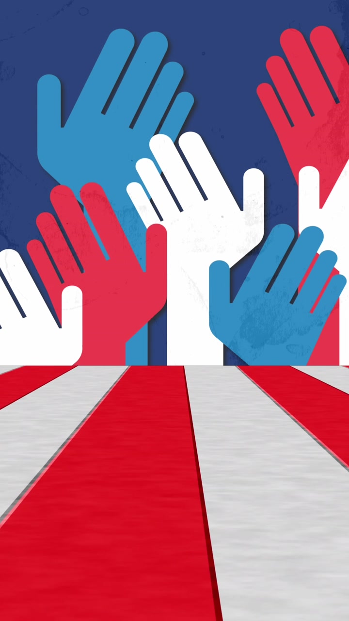 Animation of white and red stripes with hands on blue background