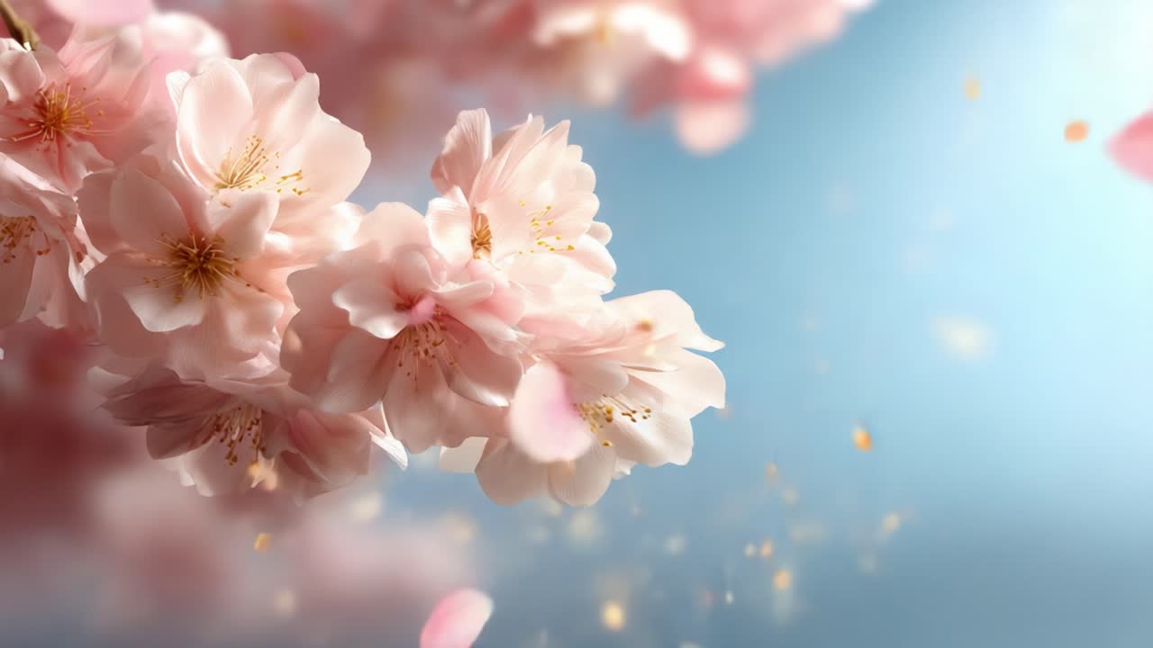 Captivating Cherry Blossoms in Bloom: A Serene Display of Delicate Pink Petals Against a Soft Blue Background, Evoking Tranquility and Natural Beauty