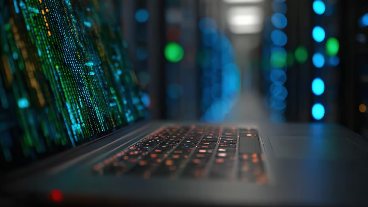 A Close-Up View of a Laptop Displaying Digital Code in a Server Room Filled with Colorful LED Lights and High-Tech Infrastructure