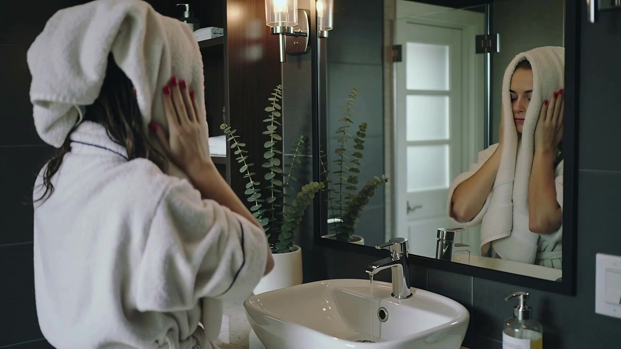 Wrapping woman in white bathrobe drying wet hair at bathroom vanity after shower, with towel