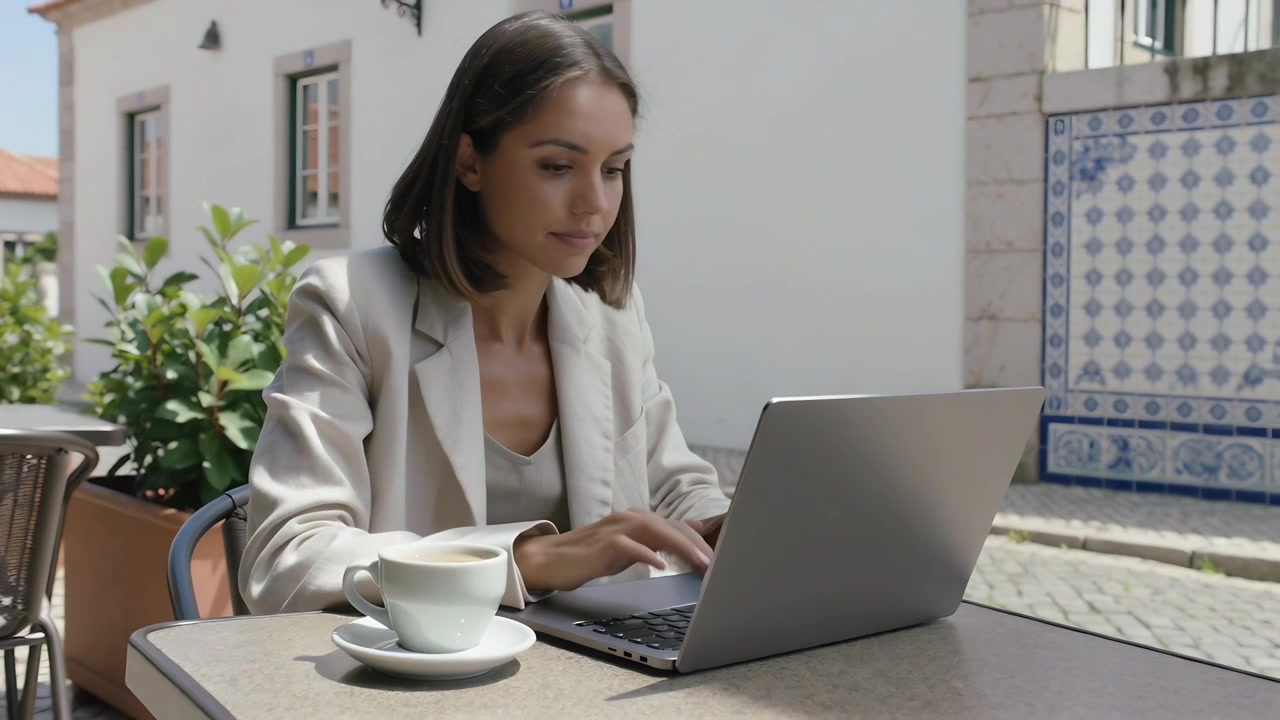 Empresária de blazer fazendo uma pausa, pegando uma xícara de café, tomando um gole, retomando a digitação no laptop no café