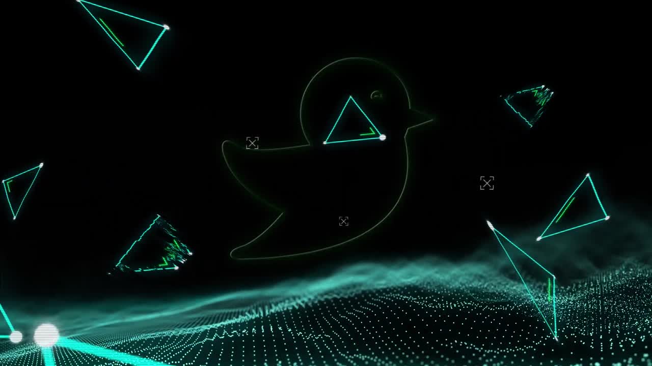 animación de triángulos y icono de pájaro amarillo sobre puntos en movimiento sobre fondo negro