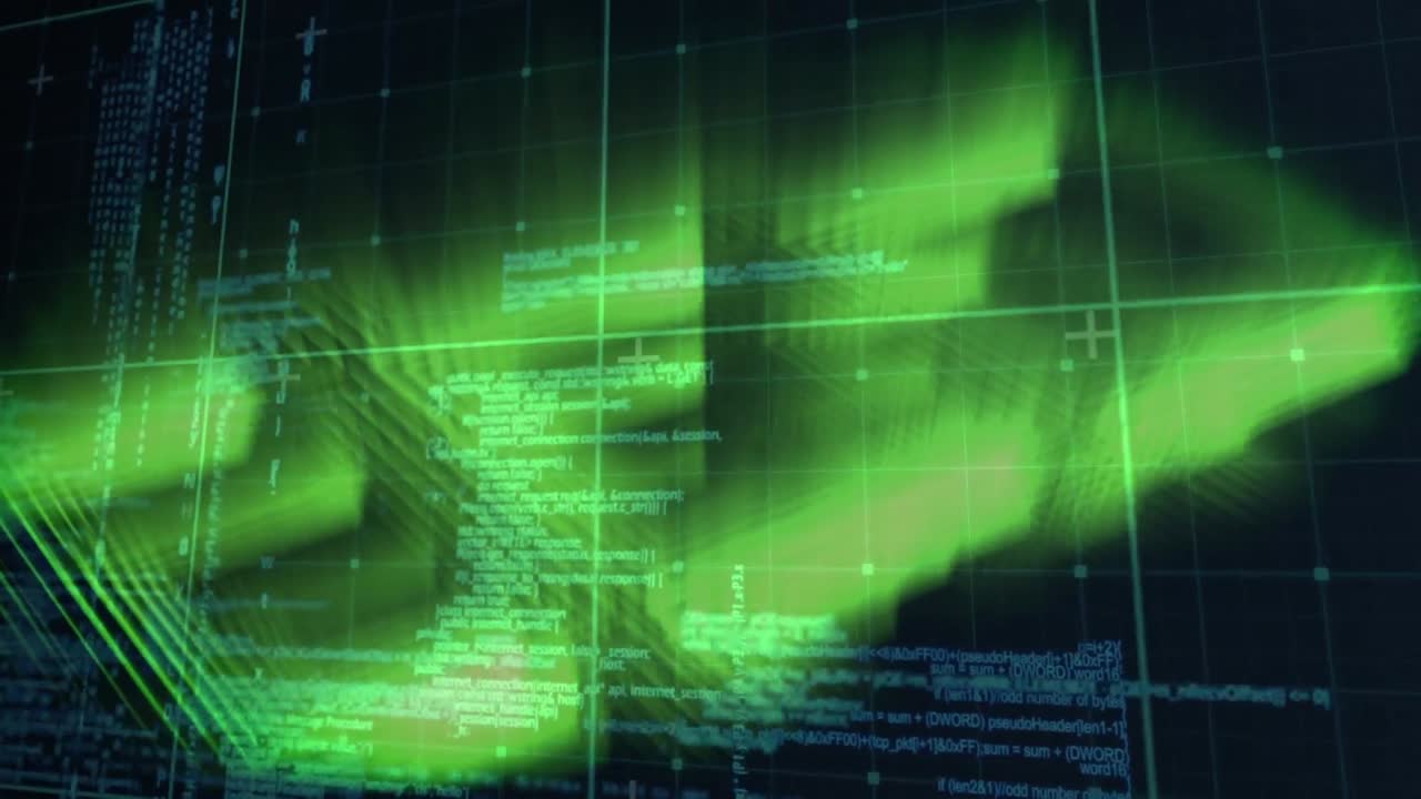 Animation of glowing data processing with markers over grid