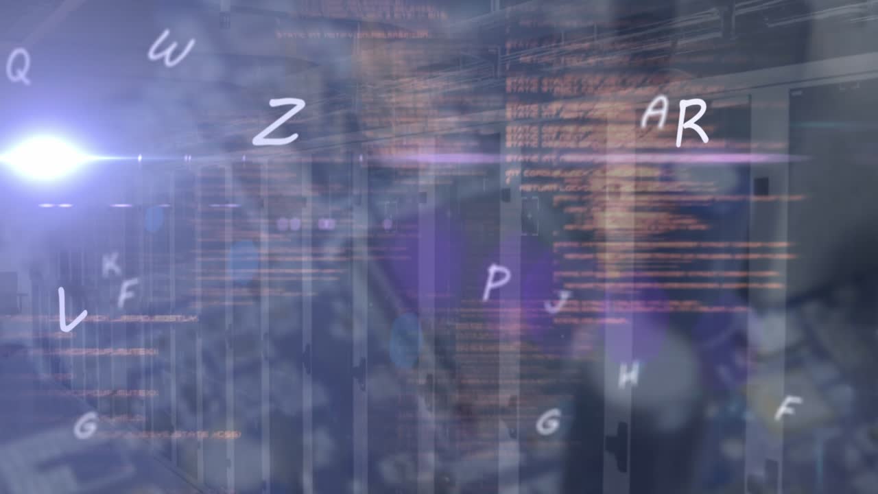 Animation of letters, lens flare and programming language moving over data room