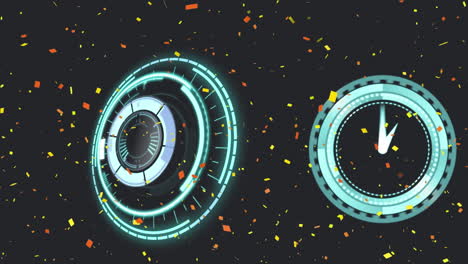 animation of confetti with scope and clock on black background