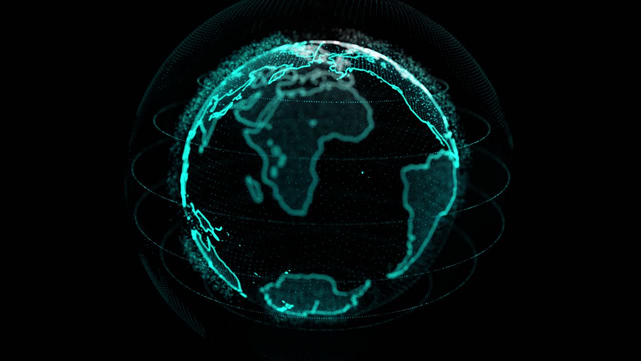 Rotating globe with shining continents 4k 3d loop animation with alpha technology network data