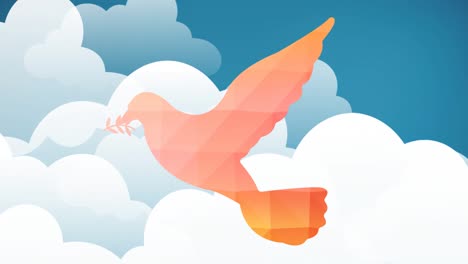 Animation-of-orange-bird-flying-over-clouds-on-blue-sky-in-background