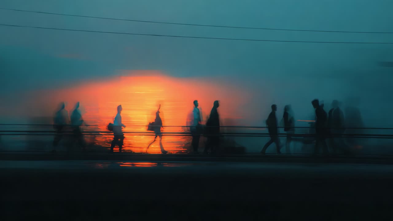 A Serene Sunset Walk: Silhouettes of Passersby Forming Ethereal Figures Against a Stunning Backdrop of Glowing Sunset Reflections on a Calm Horizon