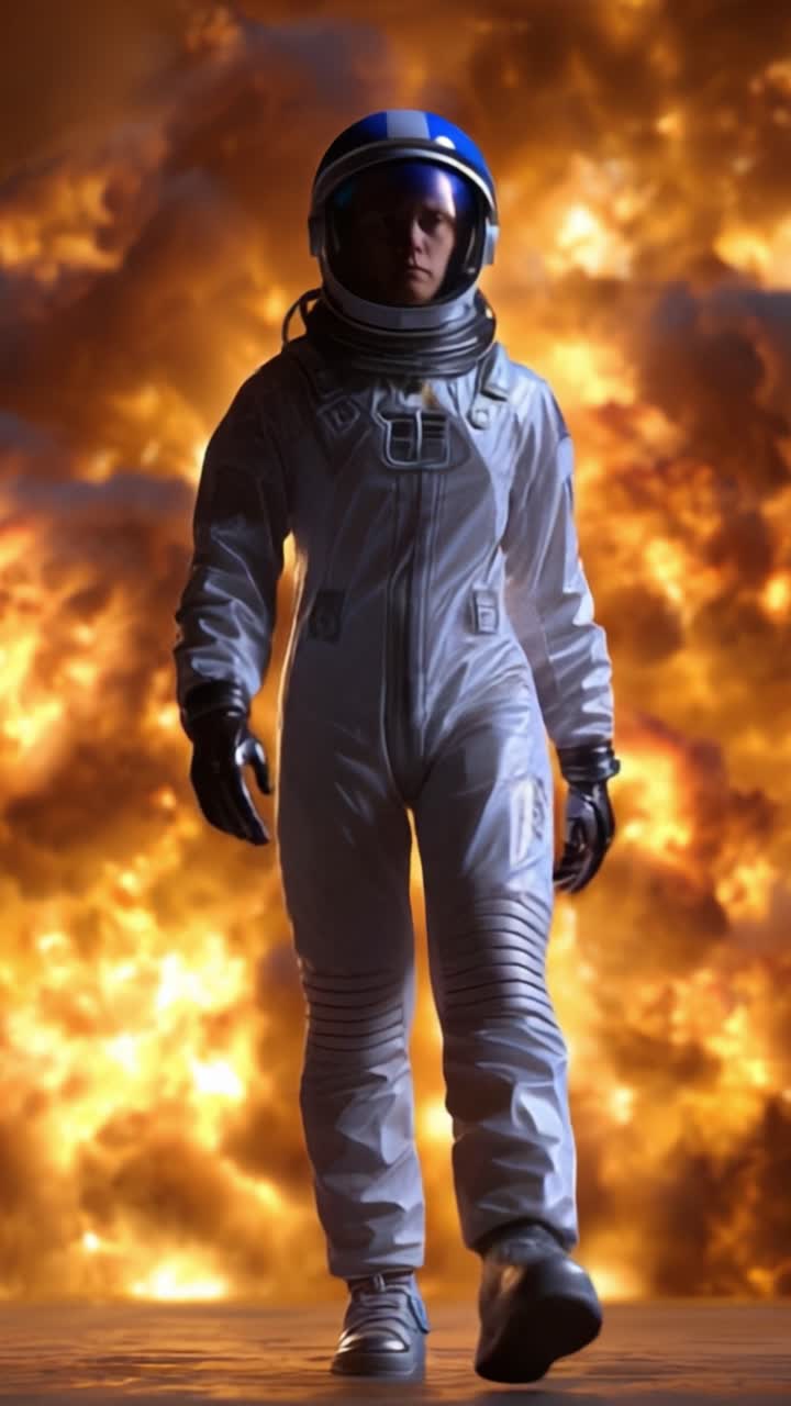 Un astronauta decidido avanza con confianza, silueteado contra un telón de fondo cósmico y ardiente, encarnando coraje y exploración en el vasto universo que se extiende.