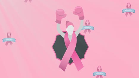 핑크색 유방암 리본 위에 유방암 인식 텍스트의 애니메이션
