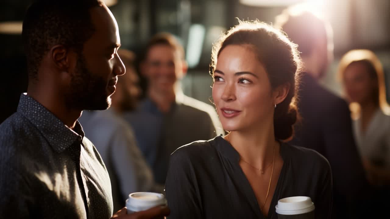 Engaging Conversation Between Two Friends Over Coffee in a Lively Social Setting, Capturing Moments of Joy and Connection Amidst a Group of People in the Background