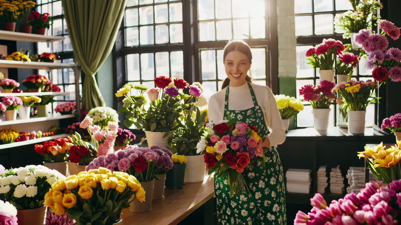 Fiorista felice che compone un bouquet