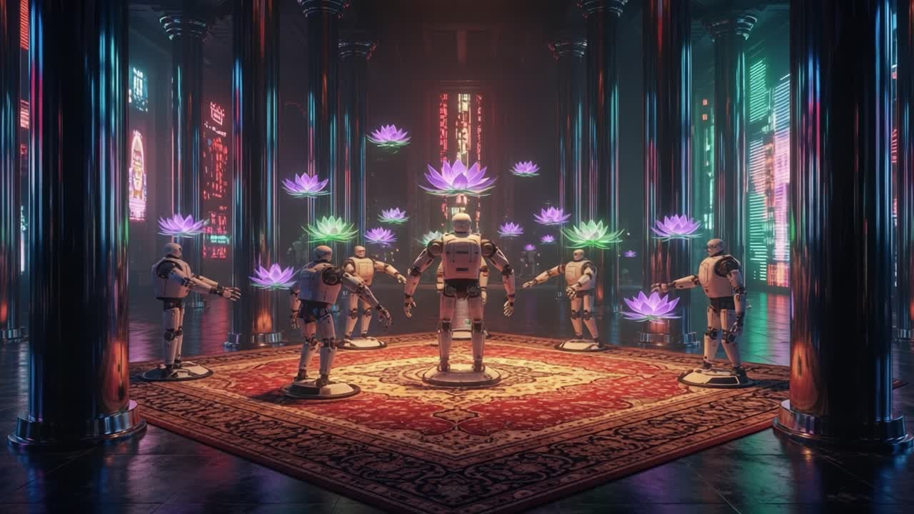 A Gathering of Robots in a Futuristic Temple Surrounded by Enchanted Flowers, Merging Technology and Nature in a Stunning Visual Display of Innovation and Serenity