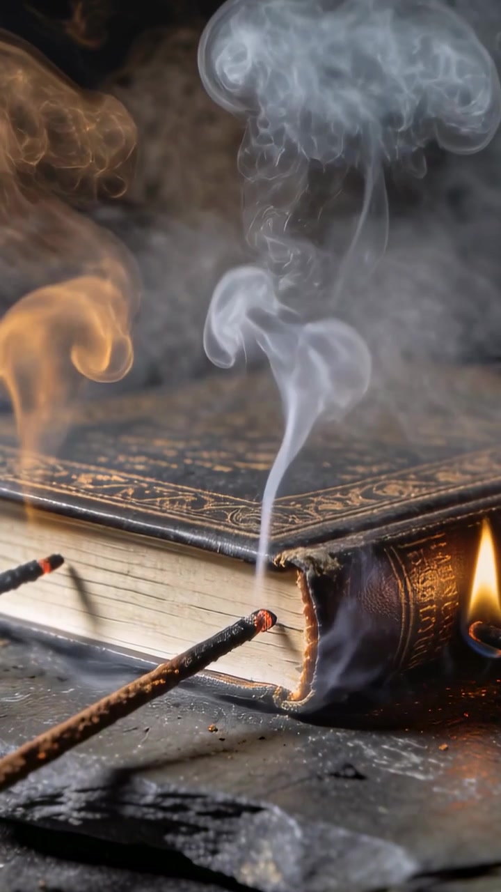 Video vertikal: Menampilkan buku berukir yang membara di atas meja gelap, dua dupa menyala memicu api.
