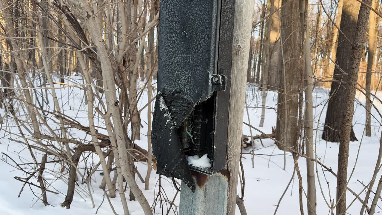 Broken fuse box in snowy Toronto forest, winter damage, tranquility