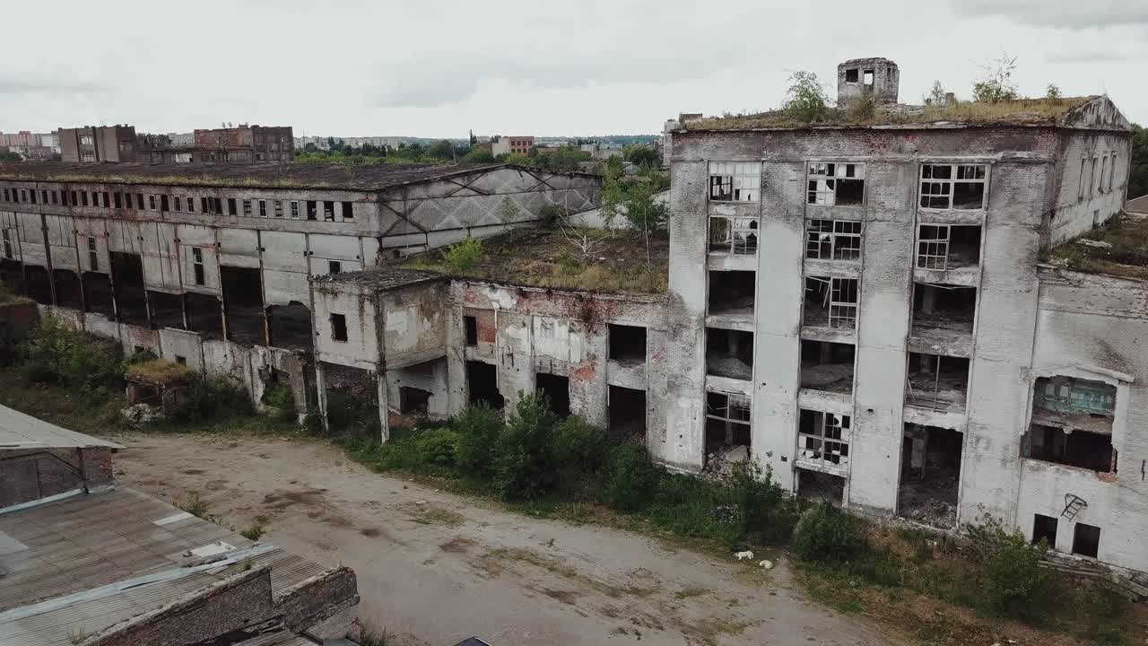 Ruins of a very heavily polluted industrial factory. Old industrial building for demolition. Aerial view