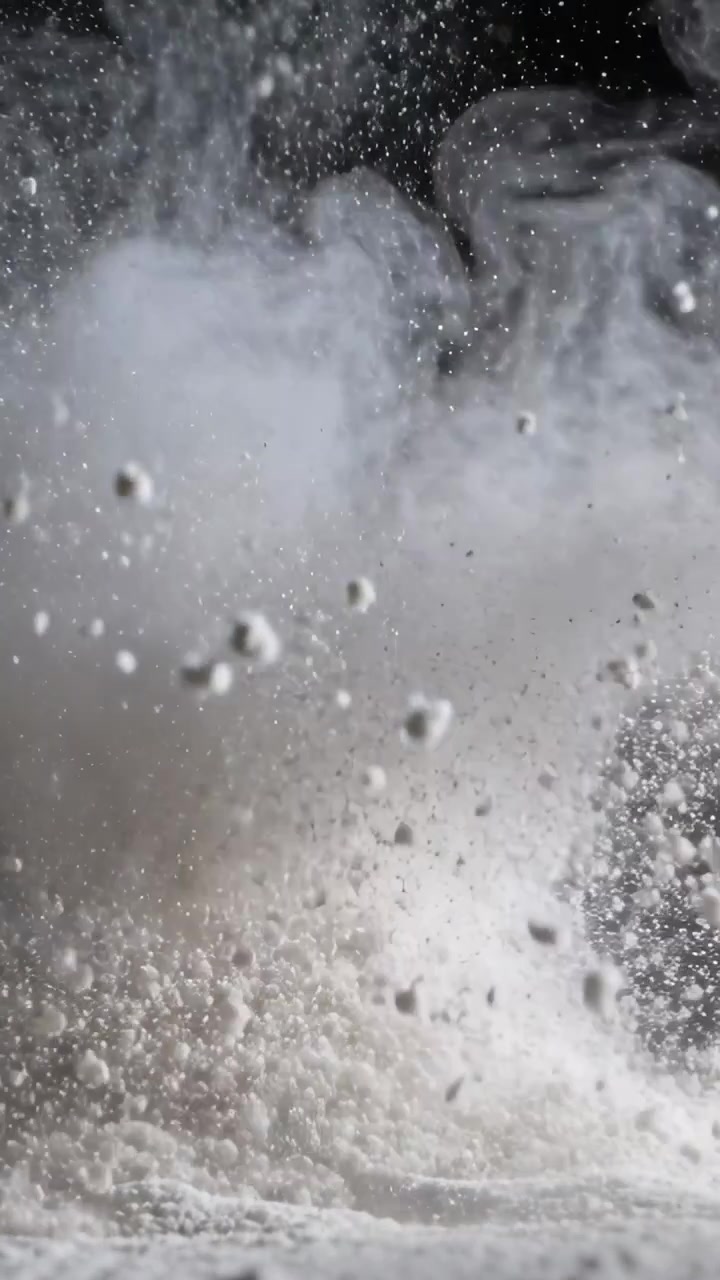 Video verticale: Impatto che solleva una nuvola di polvere bianca che si alza da una base bassa in studio per la ripresa della telecamera.