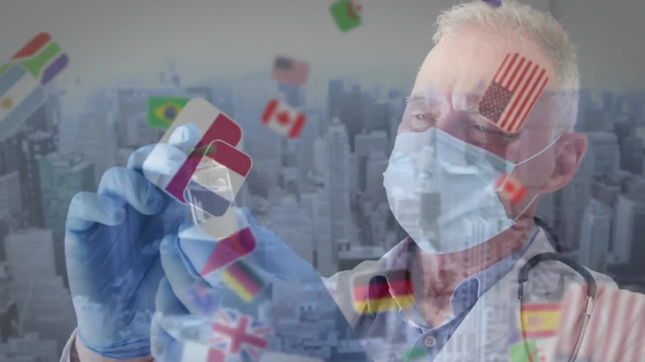 코로나19 백신을 들고 있는 백인 남성 수석 의사 위에 있는 국가 발 아이콘의 애니메이션