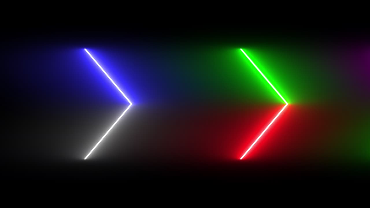 Colorful abstract blurred motion of neon line blaze glowing flashing arrow head animation loop moving random on a black background.