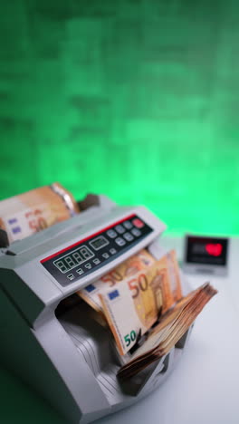 money counting machine processing fifty euro banknotes. display shows the number of bills. green backdrop. vertical video.
