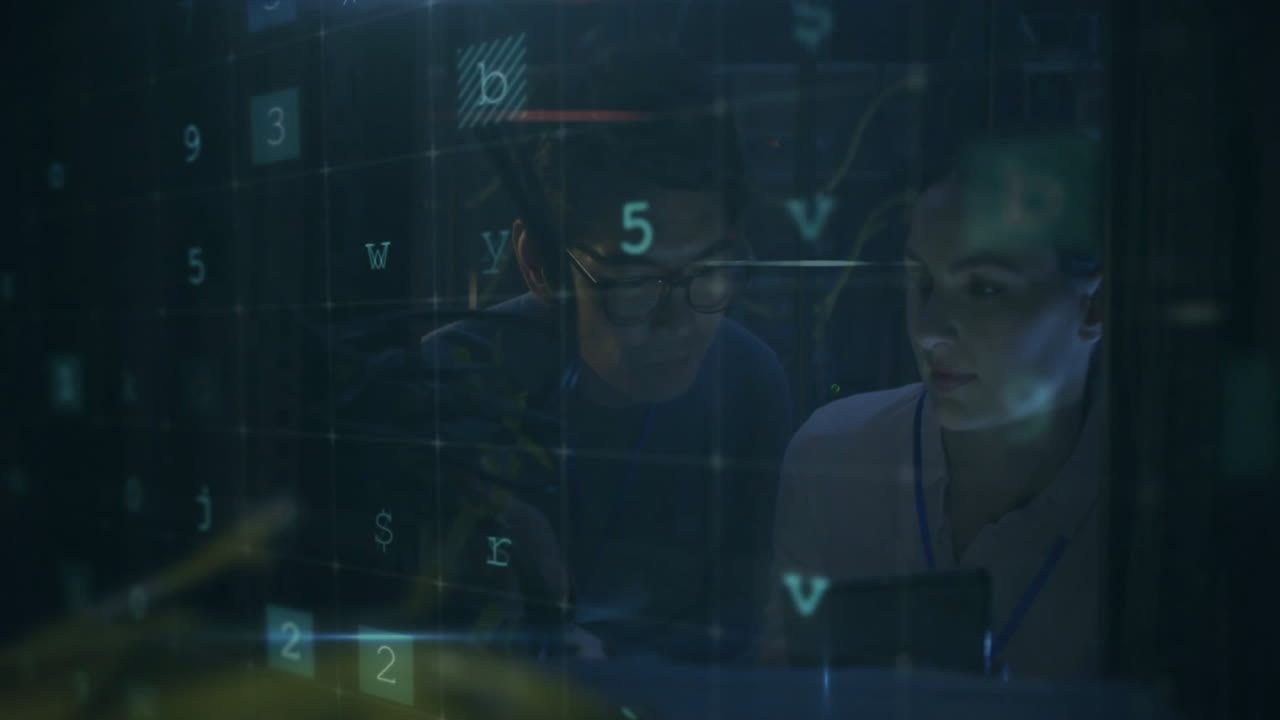 Analyzing data on computer, two people with numbers and letters animation overlay