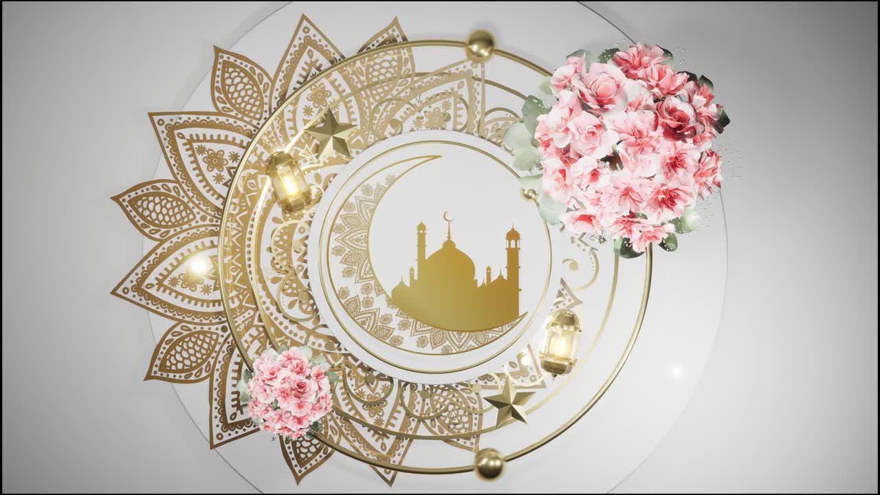 4k fondo islámico animado con mandala giratoria patrones árabes mandala, patrón árabe y linterna. círculo giratorio en fondo de placa blanca con flores
