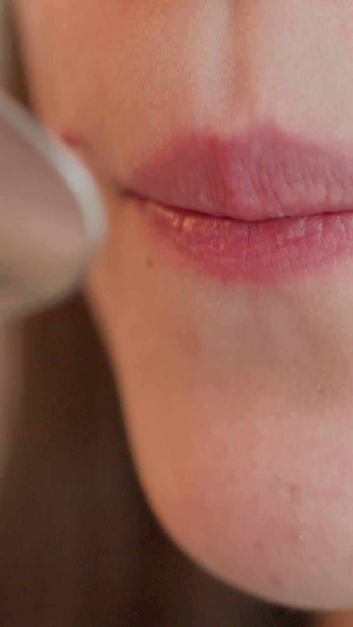 클로즈업된 백인 여성의 입술이 숟가락으로 맛을 음미하고 있어요. 신중하게 멈춰서 맛보는 푸드 블로거 스타일이며, 입술 질감과 숟가락 모서리가 보이고, 은은한 향과 음미하는 순간이 느껴져요. 따뜻한 색조의 작은 국내 카페 분위기예요.