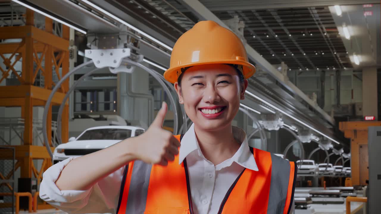 안전 헬을 입은 아시아 여성 엔지니어가 미소 짓고 엄지손가락을 보여주며 ev 자동차 공장에서 서 있는 동안 카메라에 제스처를 합니다.