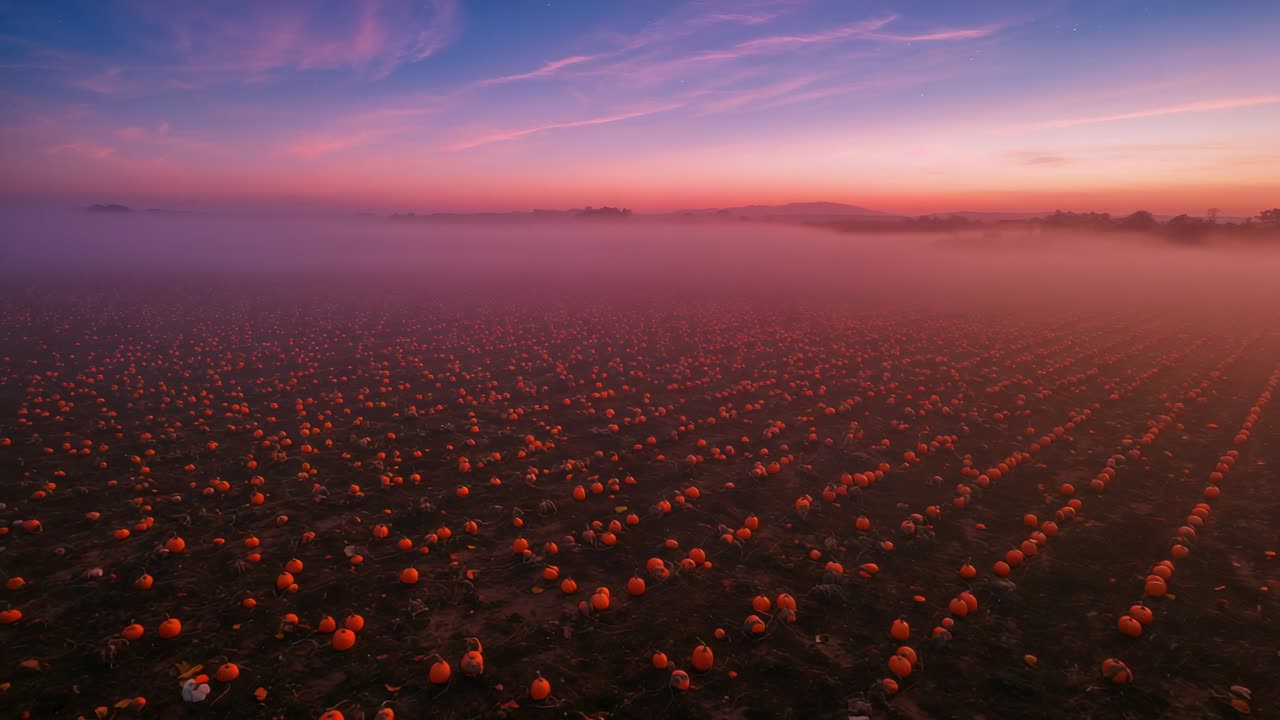 Hovering drone capturing pumpkin patch at dawn, with mist lifting around rows of orange pumpkins