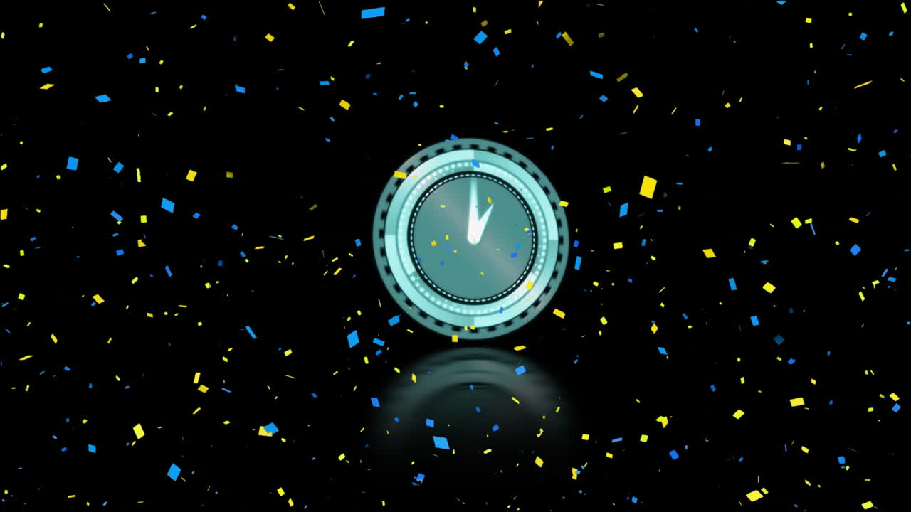 Animation of clock with fast moving hands and confetti falling on black background