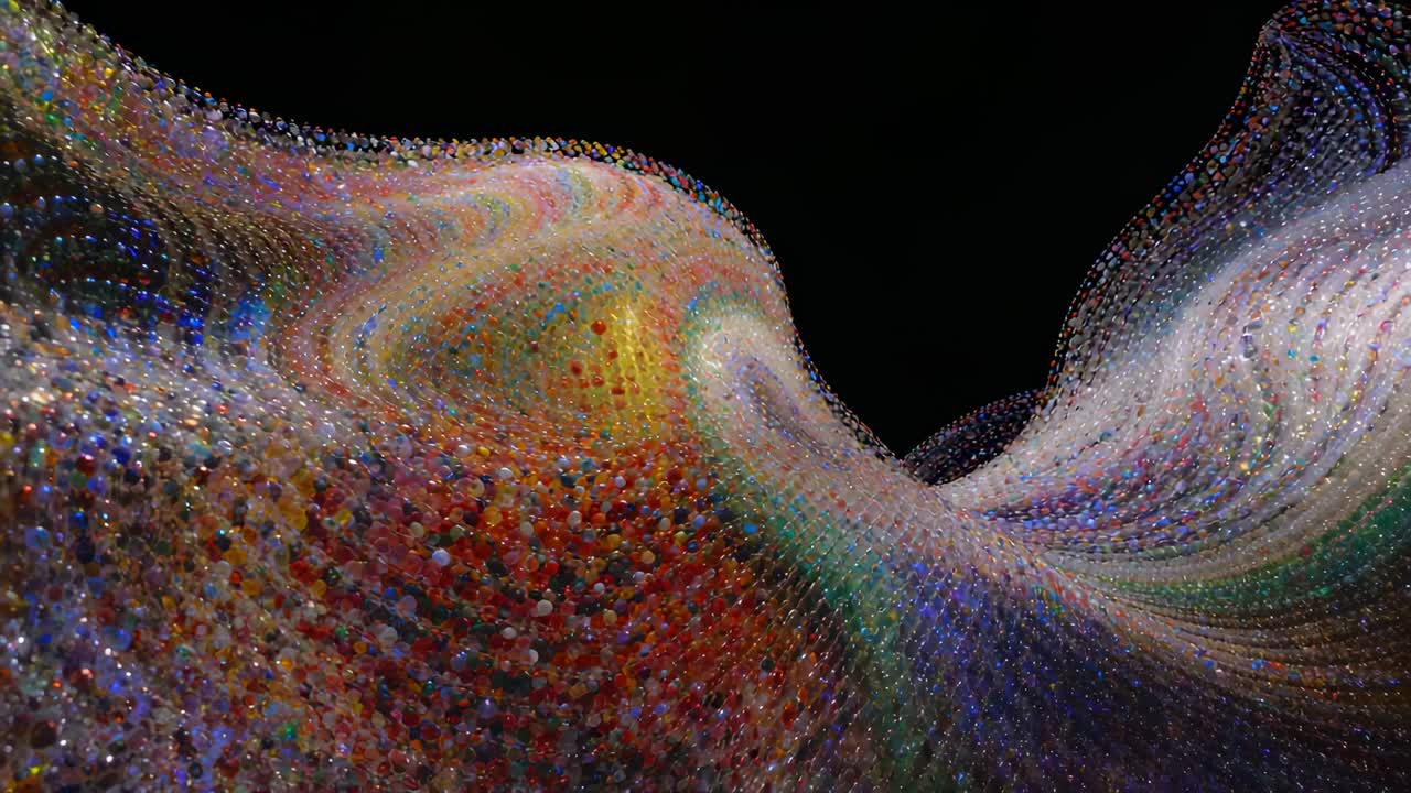 Sweeping multicolored sphere field forming spiral crest in dark exhibition space, sequence starting