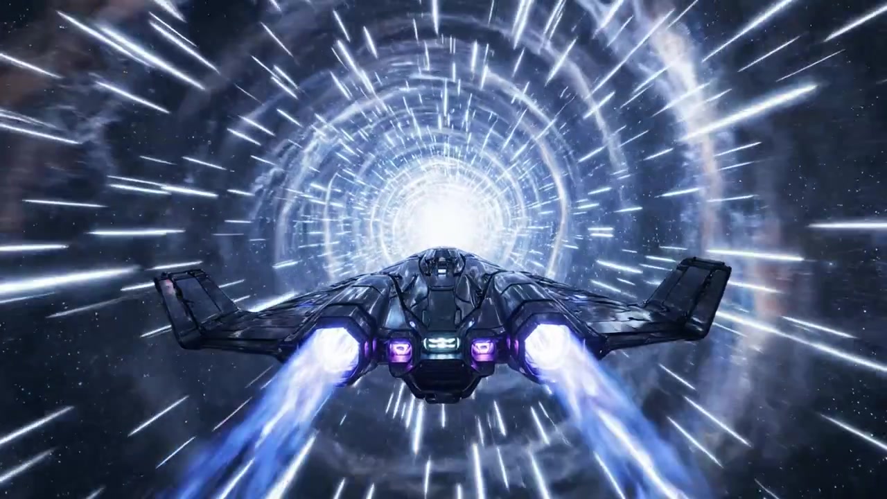 Un'astronave futuristica accelera attraverso un wormhole cosmico, lasciando una scia luminosa di luce mentre intraprende un viaggio interstellare attraverso la vastità dello spazio.