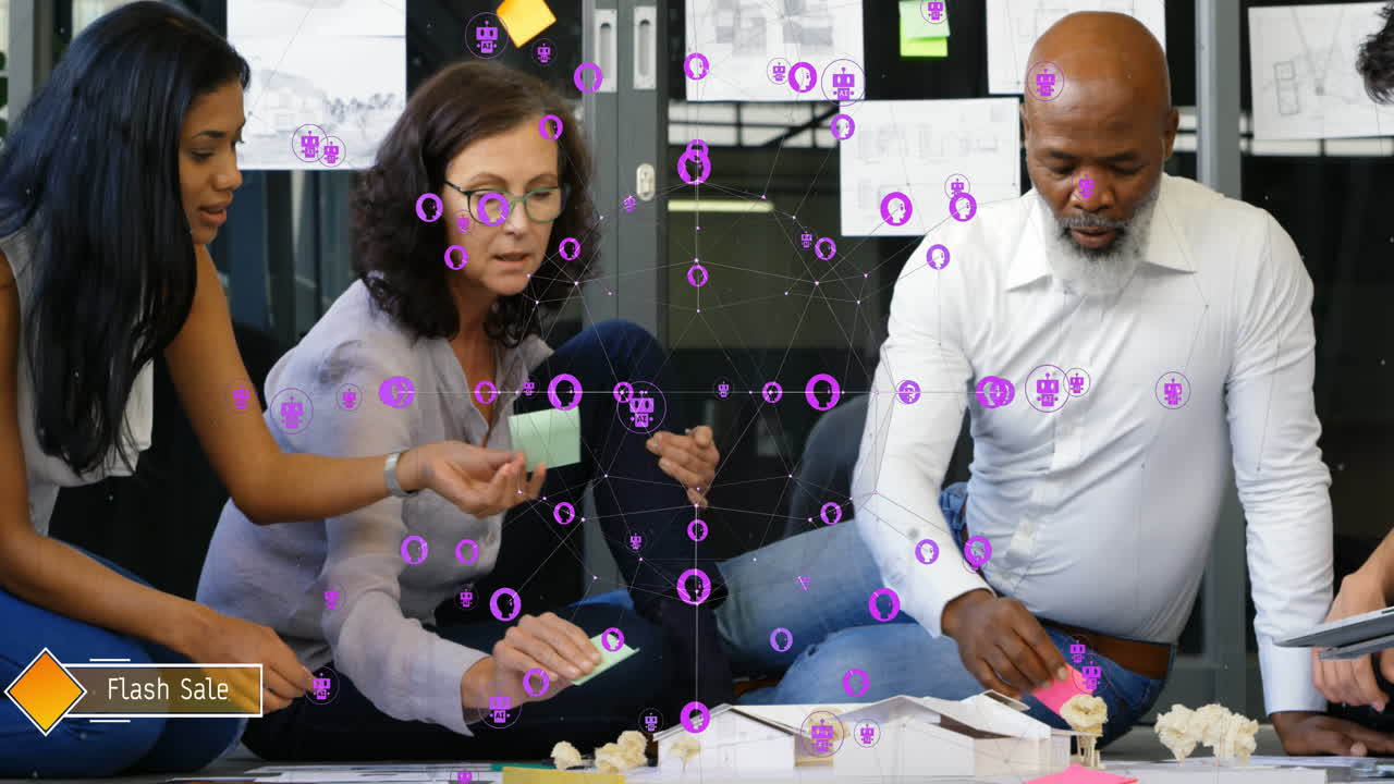Animation of connected icons and globe over diverse coworkers with sticking notes on building model