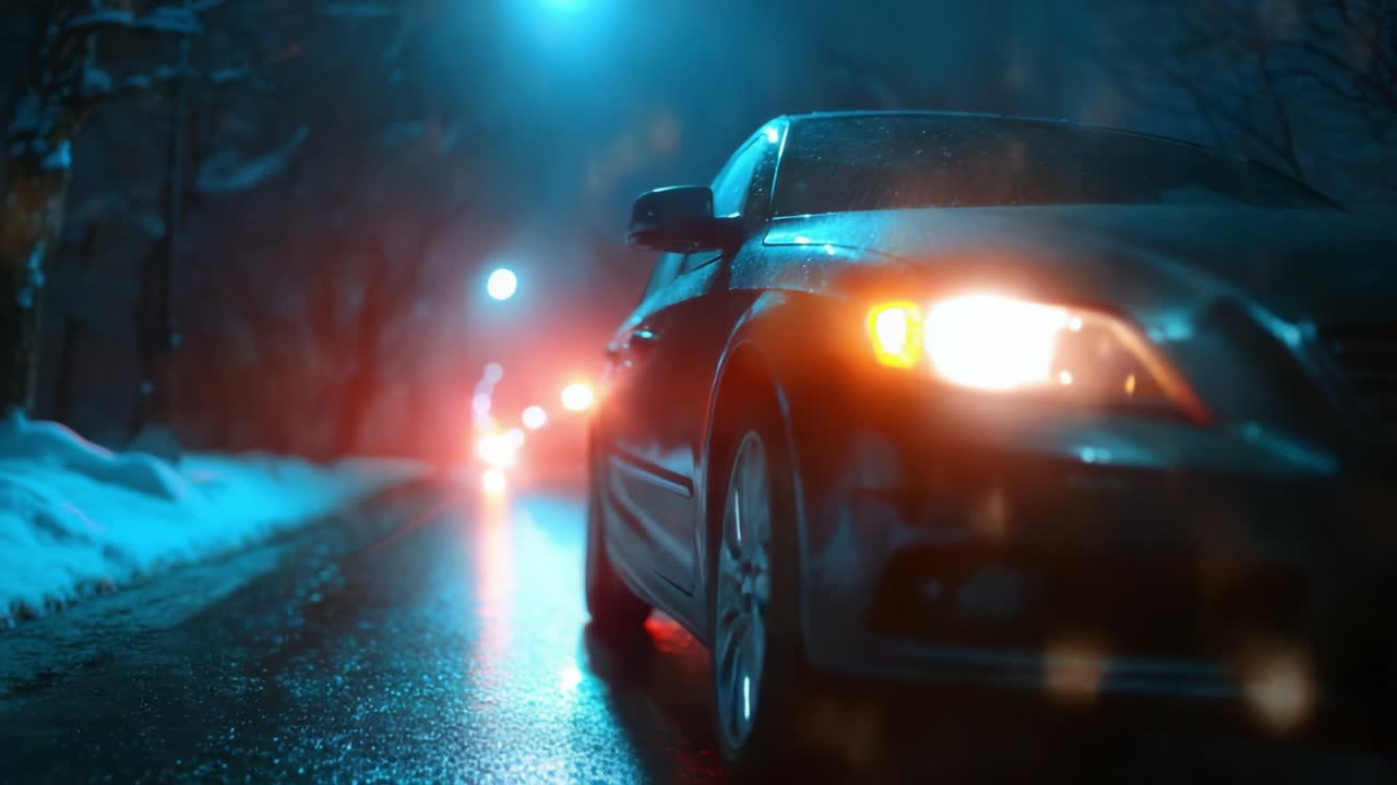 A sleek, dark vehicle glides through a picturesque winter landscape as snow gently falls and streetlights cast a mesmerizing glow on the wet roadway, creating an enchanting atmosphere filled with tranquility and anticipation