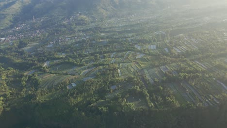 Aerial-view-of-Indonesia-rural-landscape-in-foggy-morning