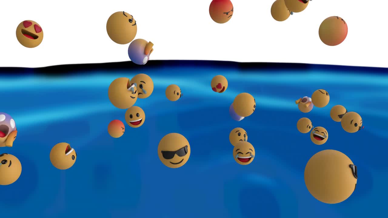 Digital animation of multiple face emojis floating against blue liquid texture on white background