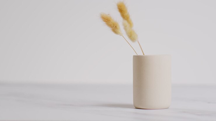 Nature morte d'herbes séchées dans un vase en céramique, faisant partie d'une décoration relaxante de journée spa, avec un espace pour le texte sur le côté gauche du cadre