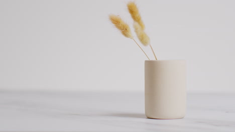 still life of dried grasses in ceramic vase as part of relaxing spa day decor with copy space on left side of frame