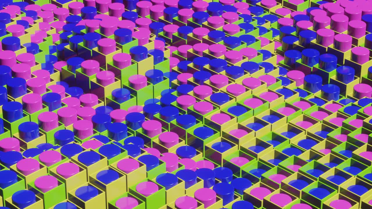 Animated multicolor cubes and cylinders in abstract 3d render scene. Seamless loop modern satisfying 3d animation