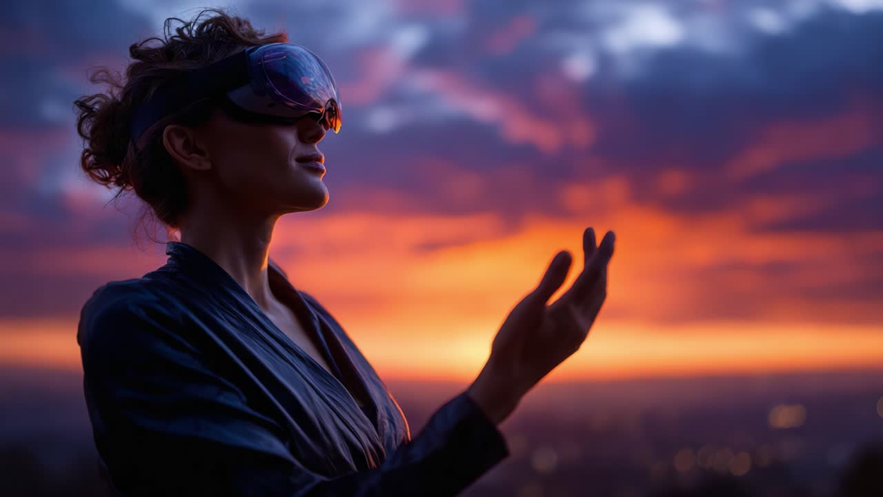A serene moment captures a woman in a mask gesturing towards the vibrant sunset sky, evoking feelings of contemplation and connection to nature's beauty