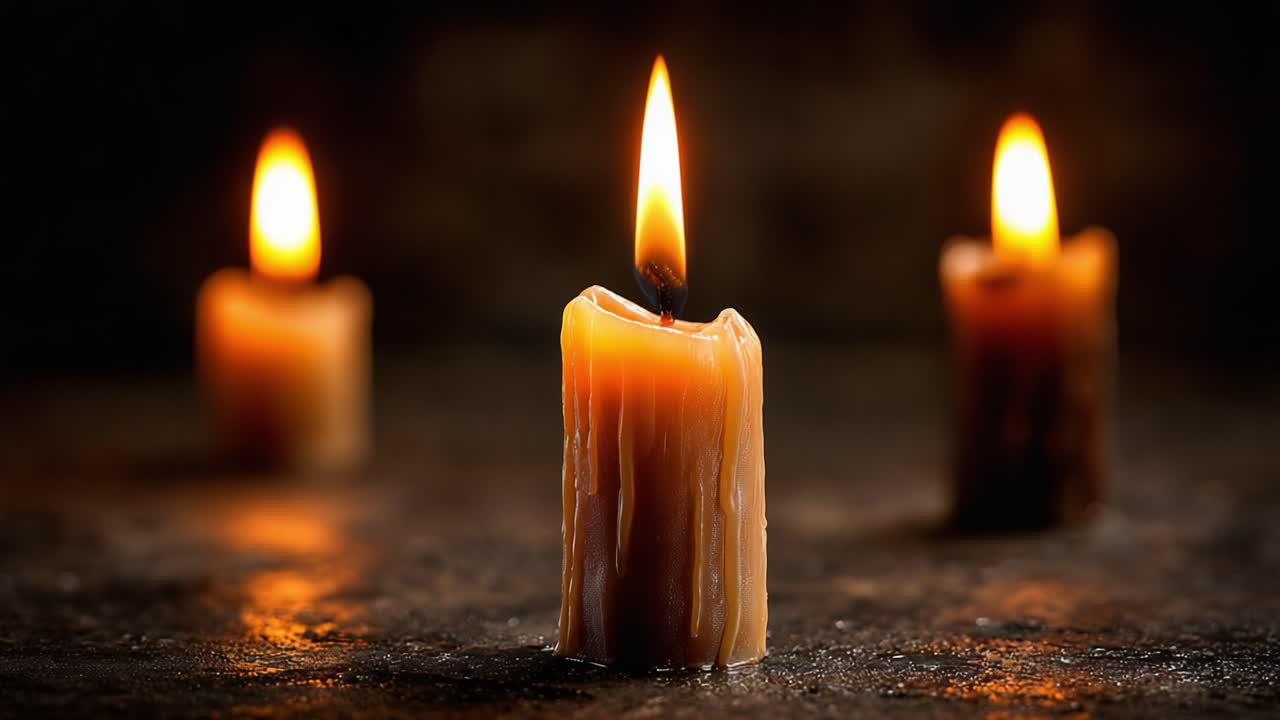 Primo piano di candele tremolanti che migliorano l'atmosfera con una luce soffusa e cera che si scioglie in uno spazio oscurato, perfetto per creare un'atmosfera rilassante