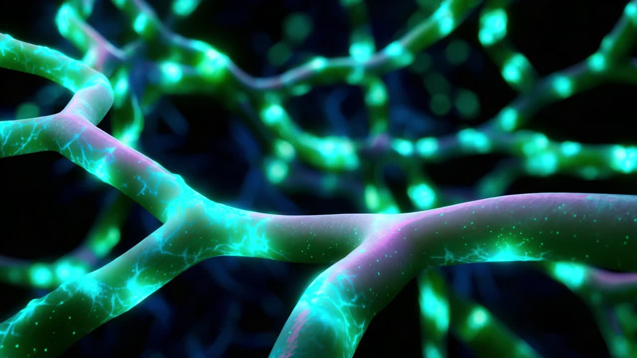 Illuminated Neural Networks: A Close-Up Exploration of Interconnected Neurons with Vibrant Green and Pink Colors in a Dark Background, Showcasing the Intricacies of Neural Connectivity and Synaptic Activity