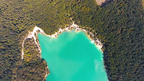 Aerial View of a Turquoise Lake Surrounded by Forest