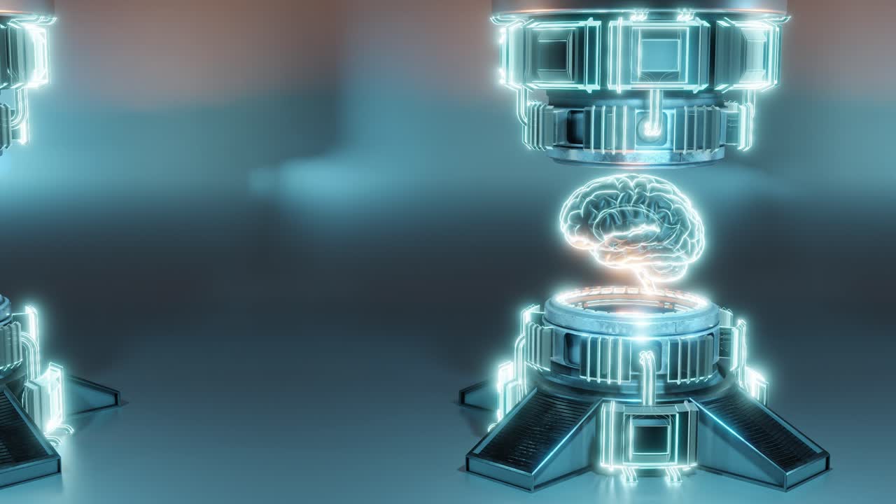 3D animation loop of many brain amidst futuristic machine in laboratory, ai concept