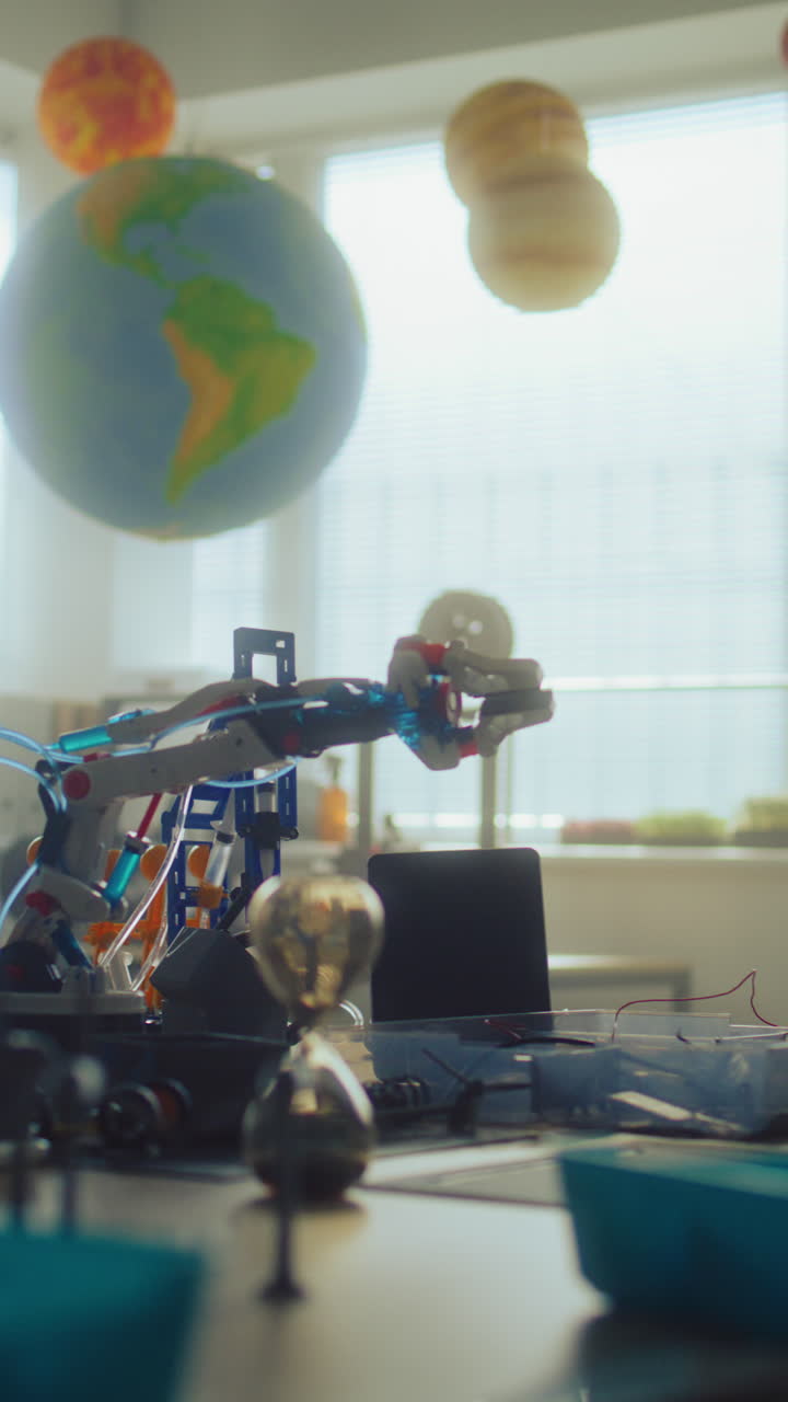 Science Classroom with Robots and Solar System Models