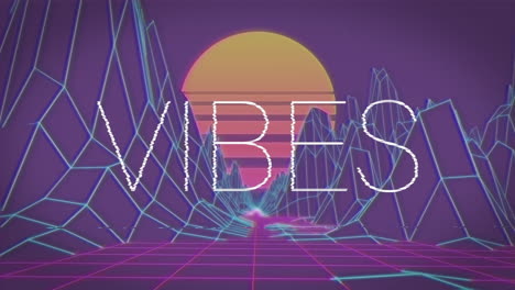 animation of vibes text over mountain digital terrain