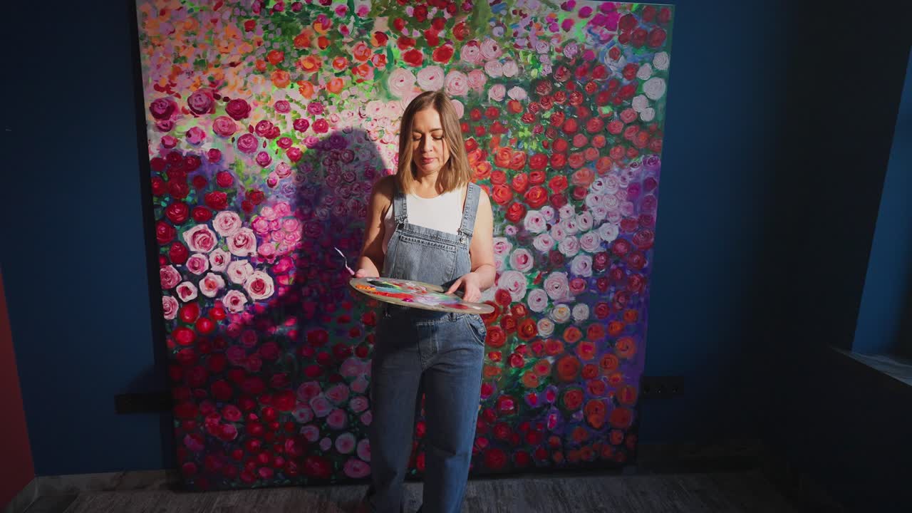 Kvindelig kunstner blander maling på palet foran et blomstermotiv.