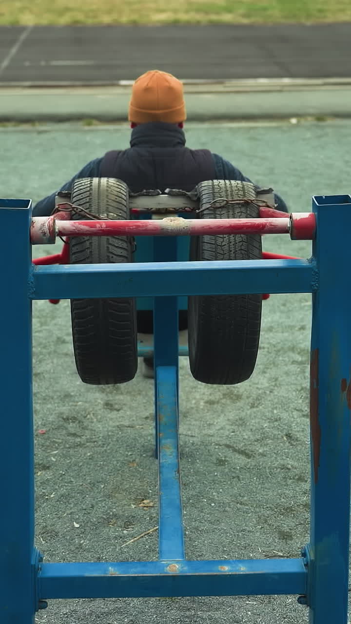 A coach in a brown beanie working out on an outdoor exercise machine with large tires, while a person in black clothing jogs on a nearby track adjacent to a grassy field