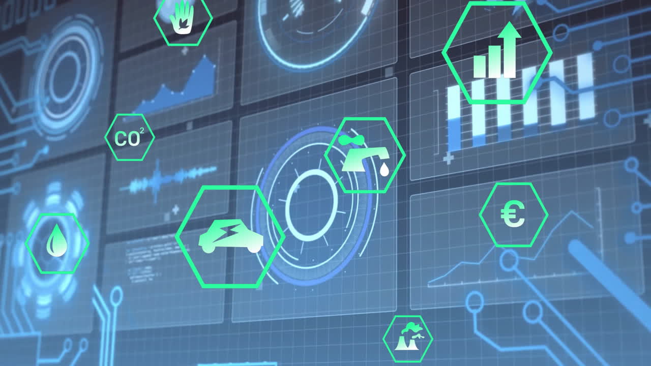 iconos hexagonales que muestran puntos de datos y animación analítica en la interfaz digital